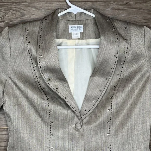 Hobby Horse Woman M Taupe Strip Blk Stitch Sequined 2 Button Western Show Jacket - Picture 5 of 11